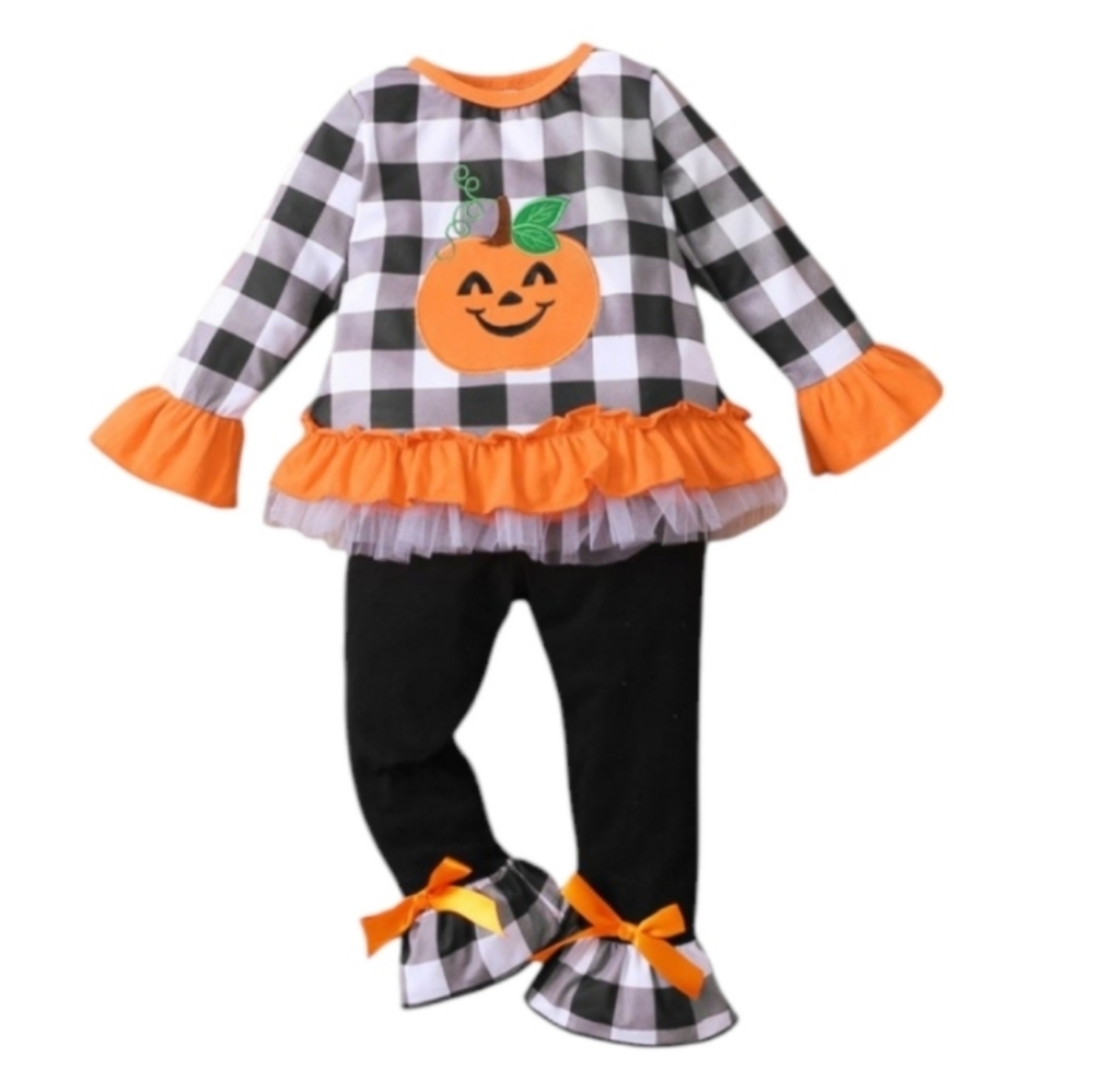 Girls two piece plaid pumpkin ruffle sleeve Halloween set EUC